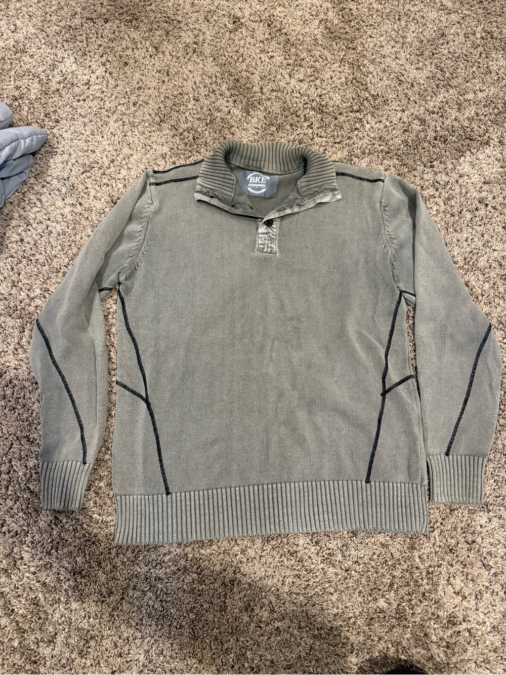 BKE Men's Olive Ribbed Collar Button-Up Sweater